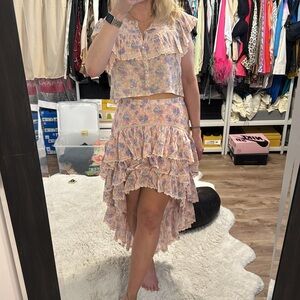 LoveShackFancy Elle Tiered Floral Skirt + Laurel Top in Pink Garden